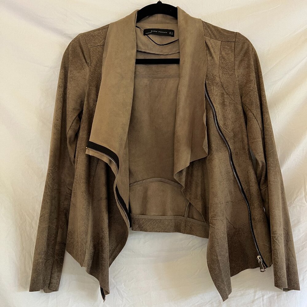 Zara Womans Brown Suede Fall Jacket Zip Up, Size Small